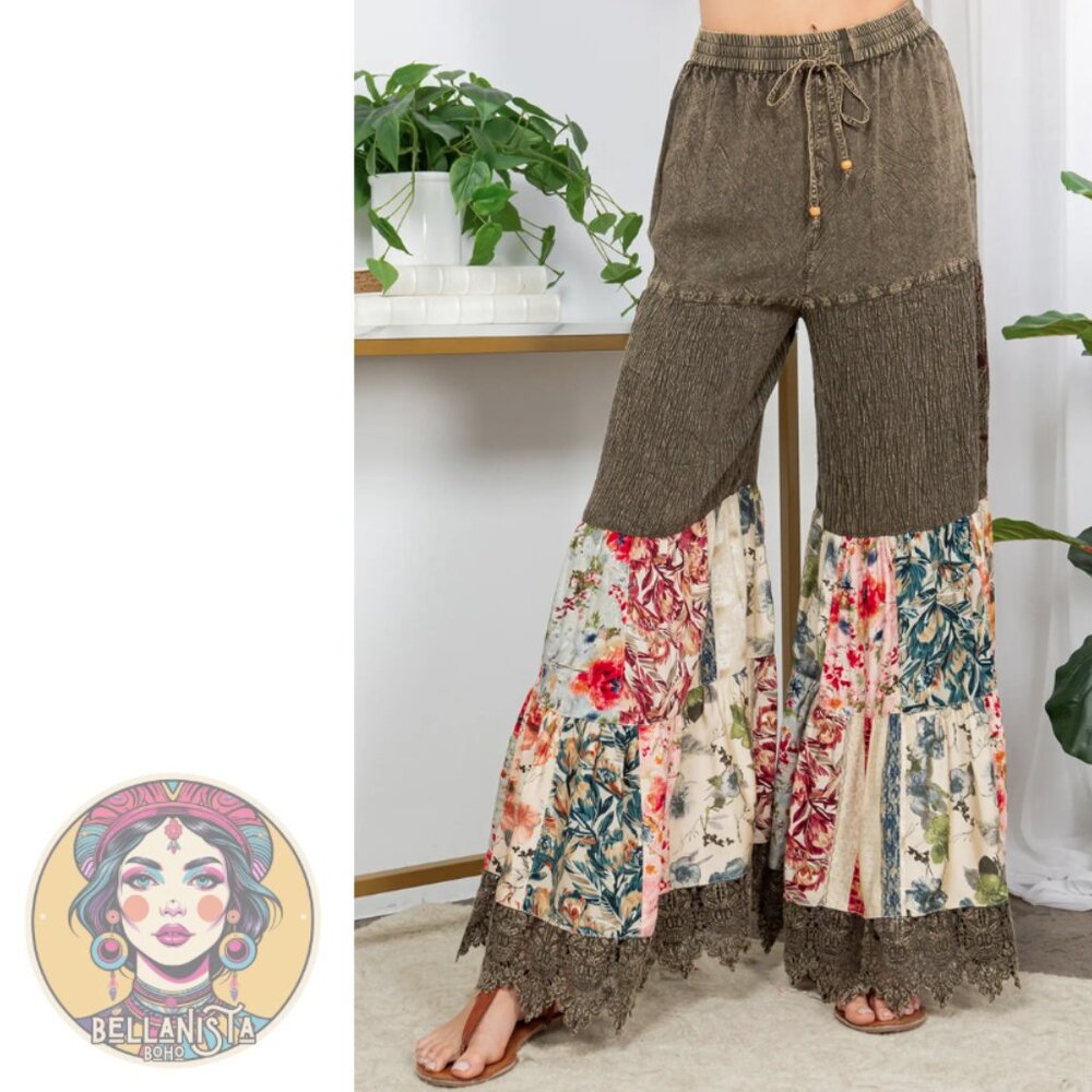 44716 YOUNG THREADS Bohemian Bell Bottom Pants in Gravel Grey Green